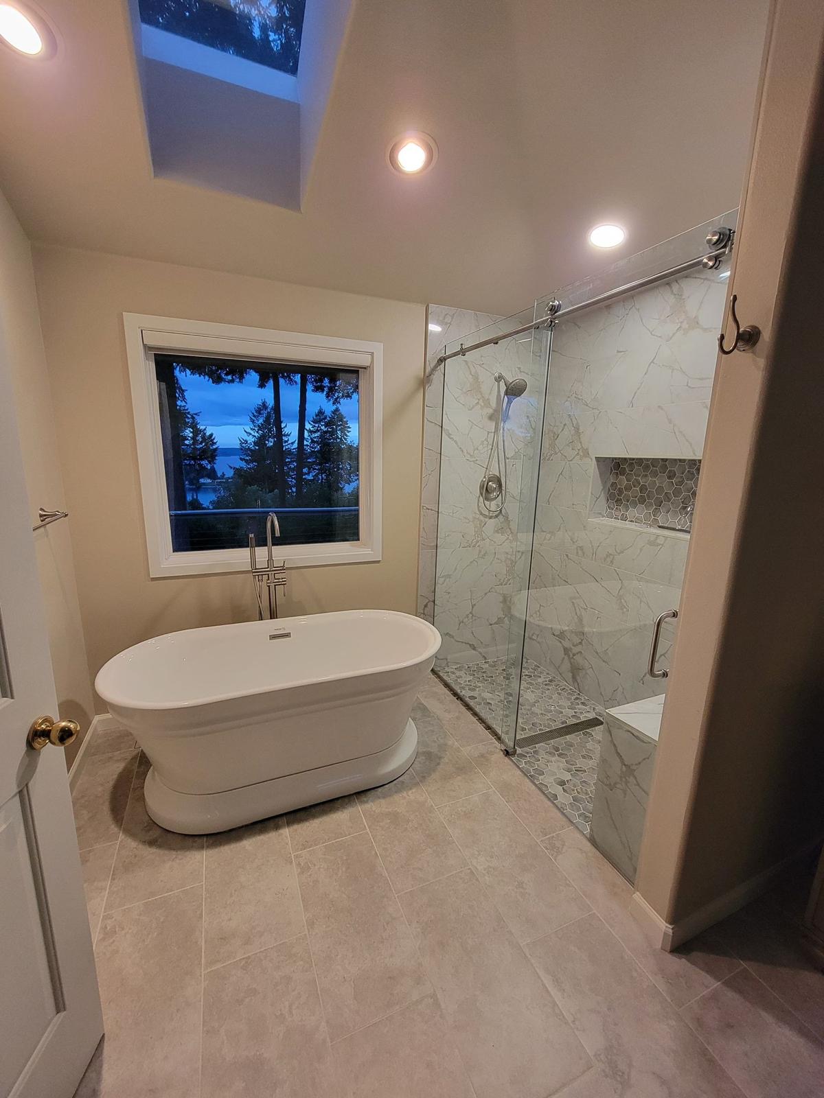 Bathroom tile installation with modern pattern and clean grout lines in Seattle remodel